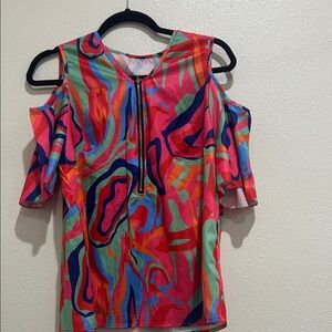 SHEIN Multicolor Abstract Cold Shoulder Blouse